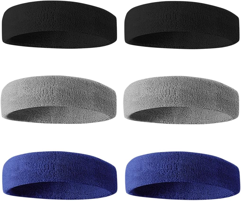 BEACE Sweatbands Sports Headband for Men & Women - 6PCS Moisture Wicking Athletic Cotton Terry Cloth Sweatband for Tennis, Basketball, Running, Gym, Working Out