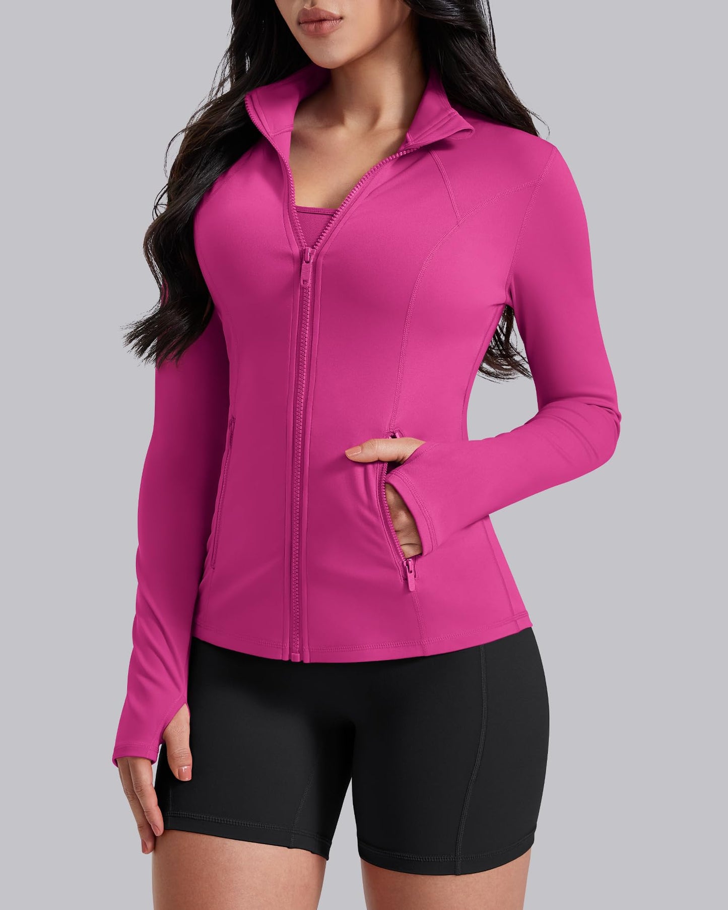 AVGO Womens Workout Jackets Lightweight Athletic Zip Up Jacket Slim Fit Running Gym Top with Pockets & Thumb Holes(Hot Pink, S)