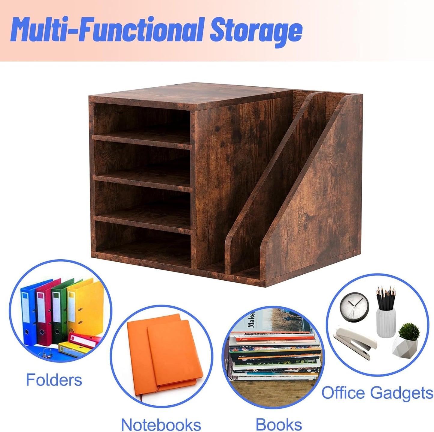 Wood Desk Organizer File Holder, Wooden Mail Organizer Countertop with Adjustable Compartments, Desktop File Organizer Paper Sorter for Home, Office and School, Envelope Organizer, Black