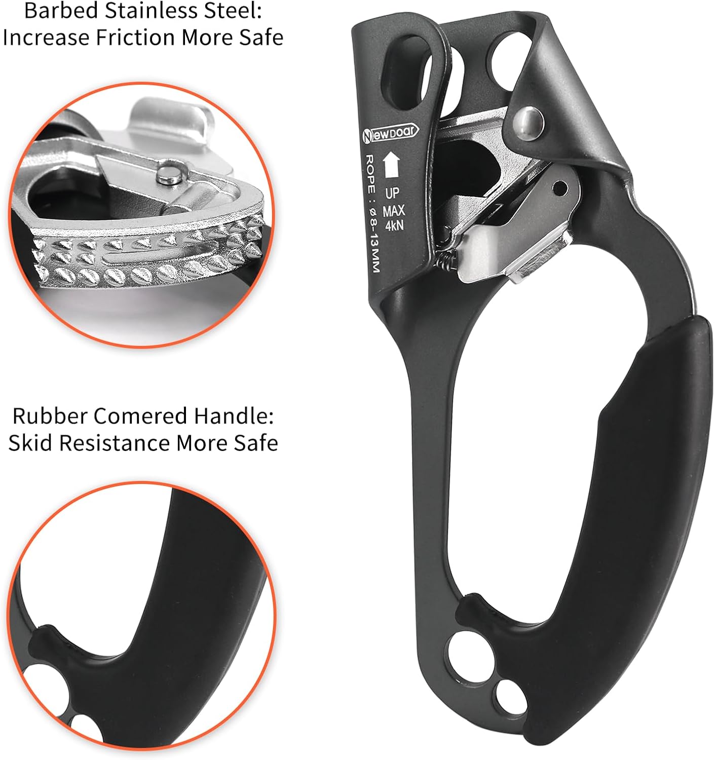 NewDoar UIAA & CE Certified Hand Ascender Rock Climbing Tree Arborist Rappelling Gear Equipment Rope Clamp for 8~13MM Rope