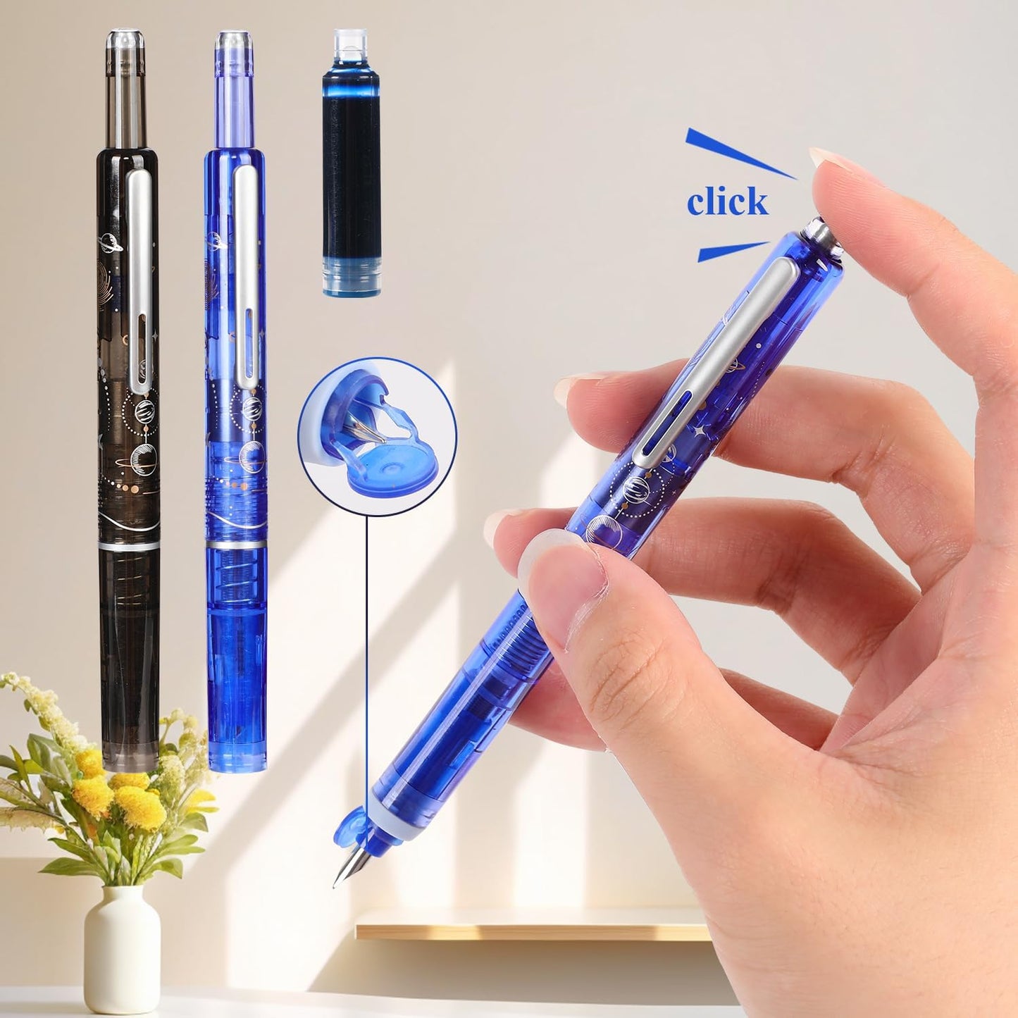 Protectivemethod Fountain Pen Retractable 0.38mm, Medium Nib Blue Ink,Transparent Barre, Smooth Writing No Leaking For School Office Writing, Includes 5 Refillable Ink Cartridges