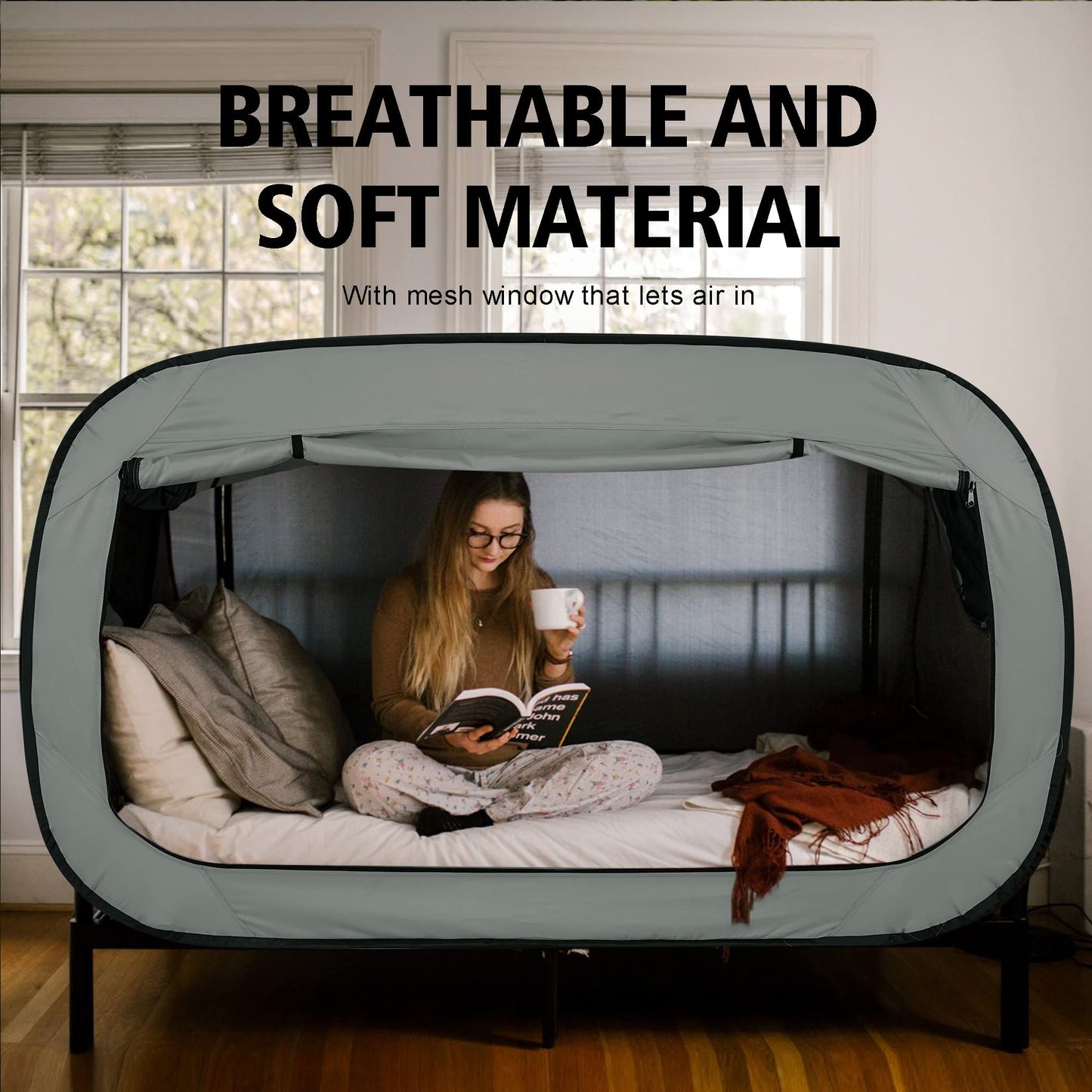 ANC POP Bed Tent Full Bed Canopy Portable Dream Tent for Kids and Adult Indoor Sleeping Tents with 2 Doors Breathable Private Space Tents, Grey