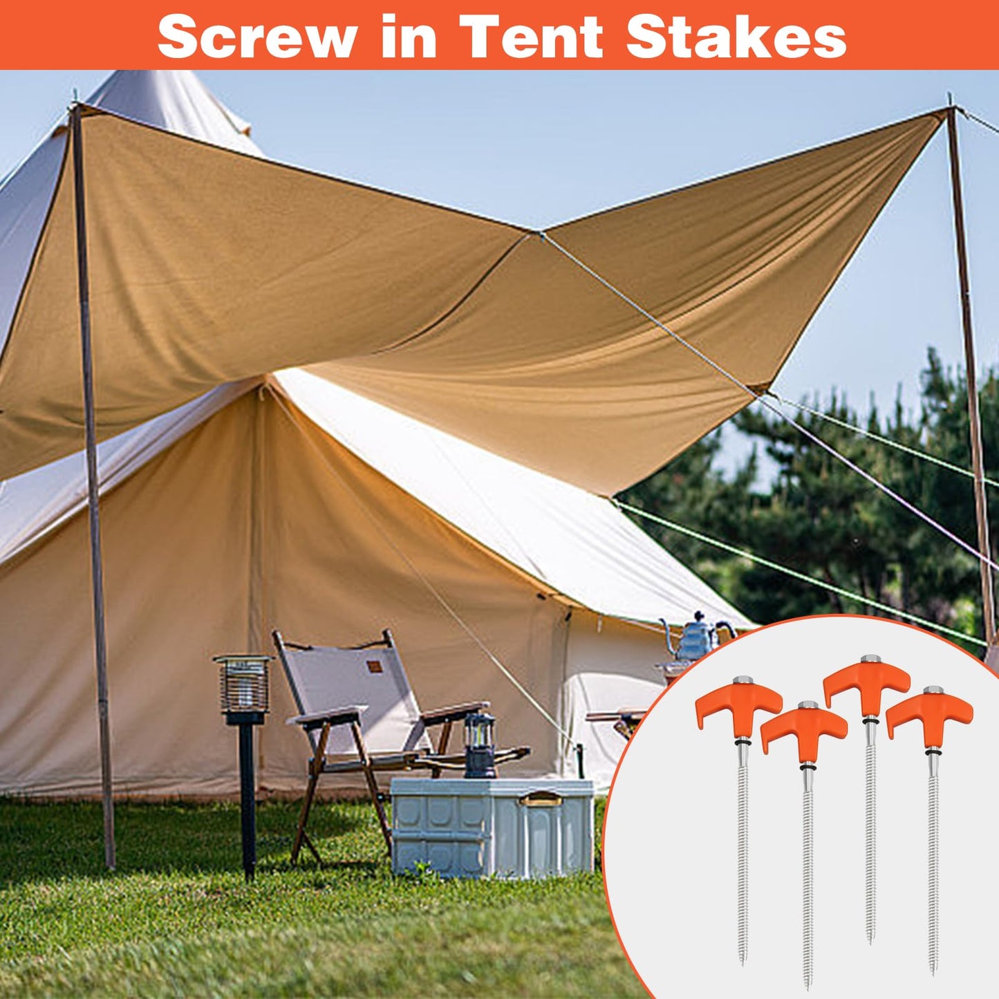 4Pcs Screw in Tent Stakes Heavy Duty, 8" Ground Stakes Ground Anchors Screw in, Metal Screw Tent Stakes Heavy Duty Tent Pegs, Ground Threaded Tent Spikes for Outdoor Camping (Orange)