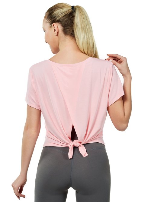 GRAMVAL Tie Back Womens T Shirts, Short Sleeves V Neck Open Back Tee Tops Athletic Workout Gym Yoga Sweatshirts Pink S