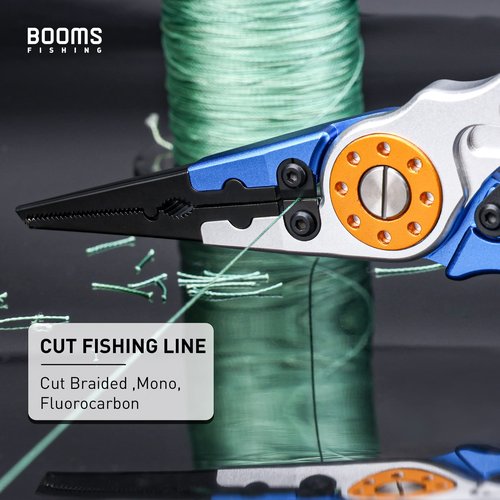 Booms Fishing X1 Aluminum Fishing Pliers Hook Remover, Braided Fishing Line Cutting and Split Ring Pliers with Coiled Lanyard and Sheath, Blue with Lock