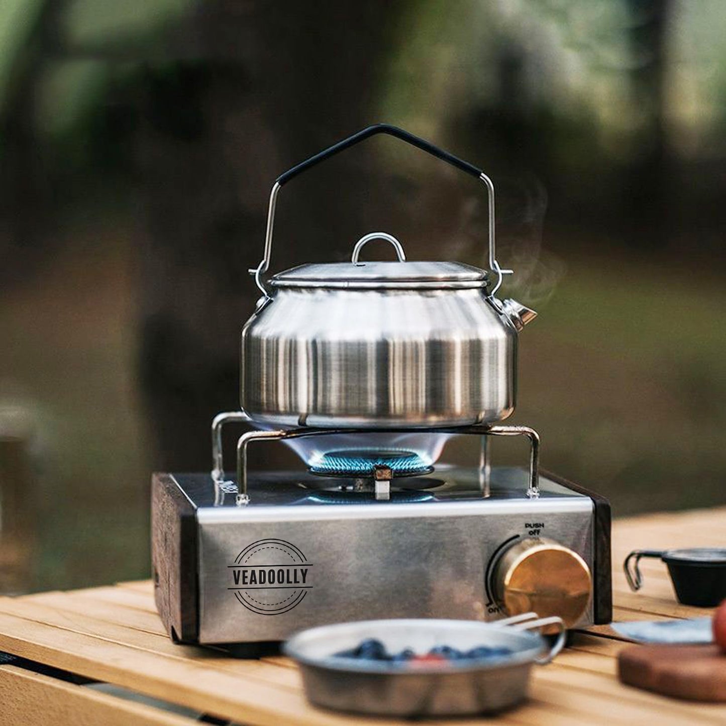 VEADOOLLY Camping Kettle Outdoor Campfire Camp Kettle, 1L Stainless Steel camping tea kettle Coffee Pot, Portable Lightweight Teapot Fast Heating Boiling Water, Ideal for Hiking Picnic Travel, Silver