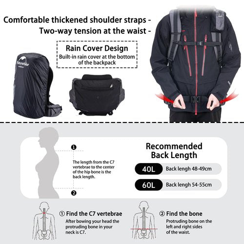 Naturehike Rock-40L/60L+5L Internal Frame Hiking backpacking backpack, Camping Waterproof Bag, Ultralight Outdoor Daypack with Rain Cover for Hiking, Backpacking,Camping Survival(60+5L(updated))