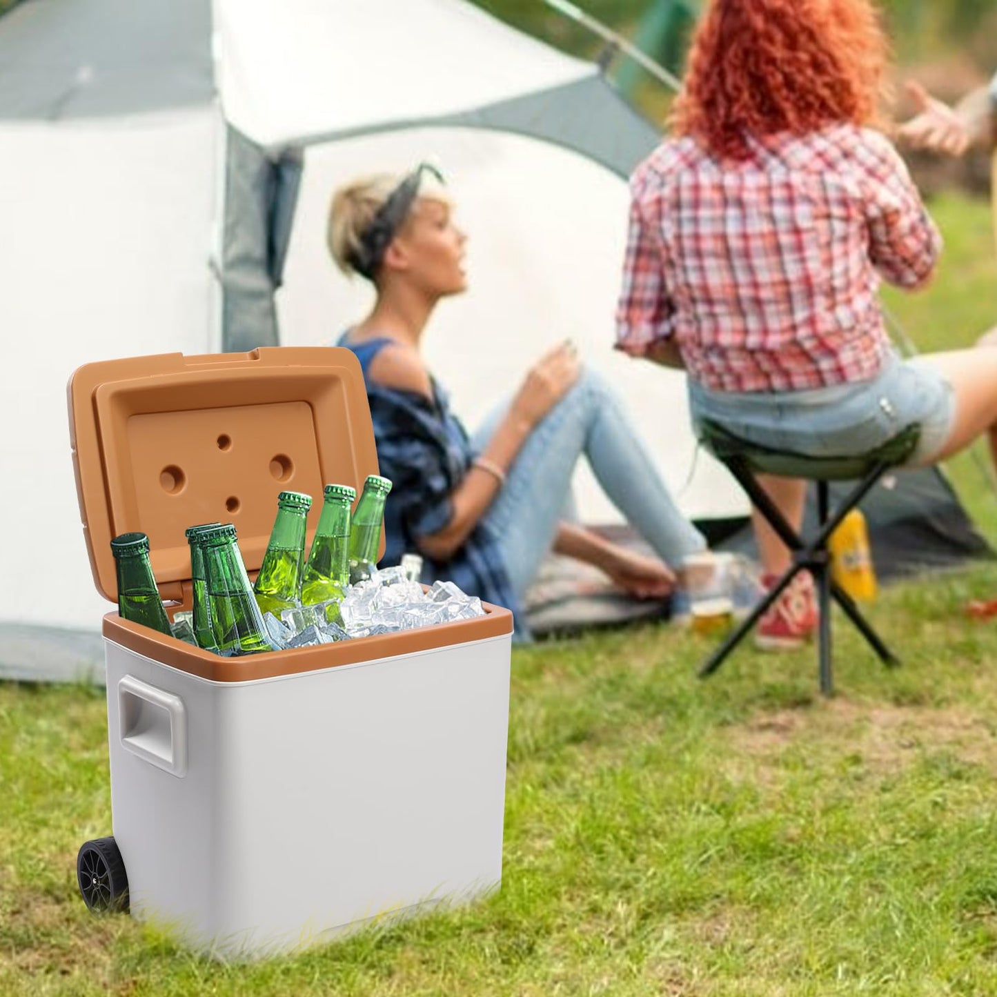 Aircity 32 Qt Cooler with Wheels, Ice Chests Portable Camping Cooler-2 Cup Holders, 4 Inch Wheels & Retractable Handle for Car Fridge for RV, Truck, Van, Camping, Travel, Outdoor(30L)