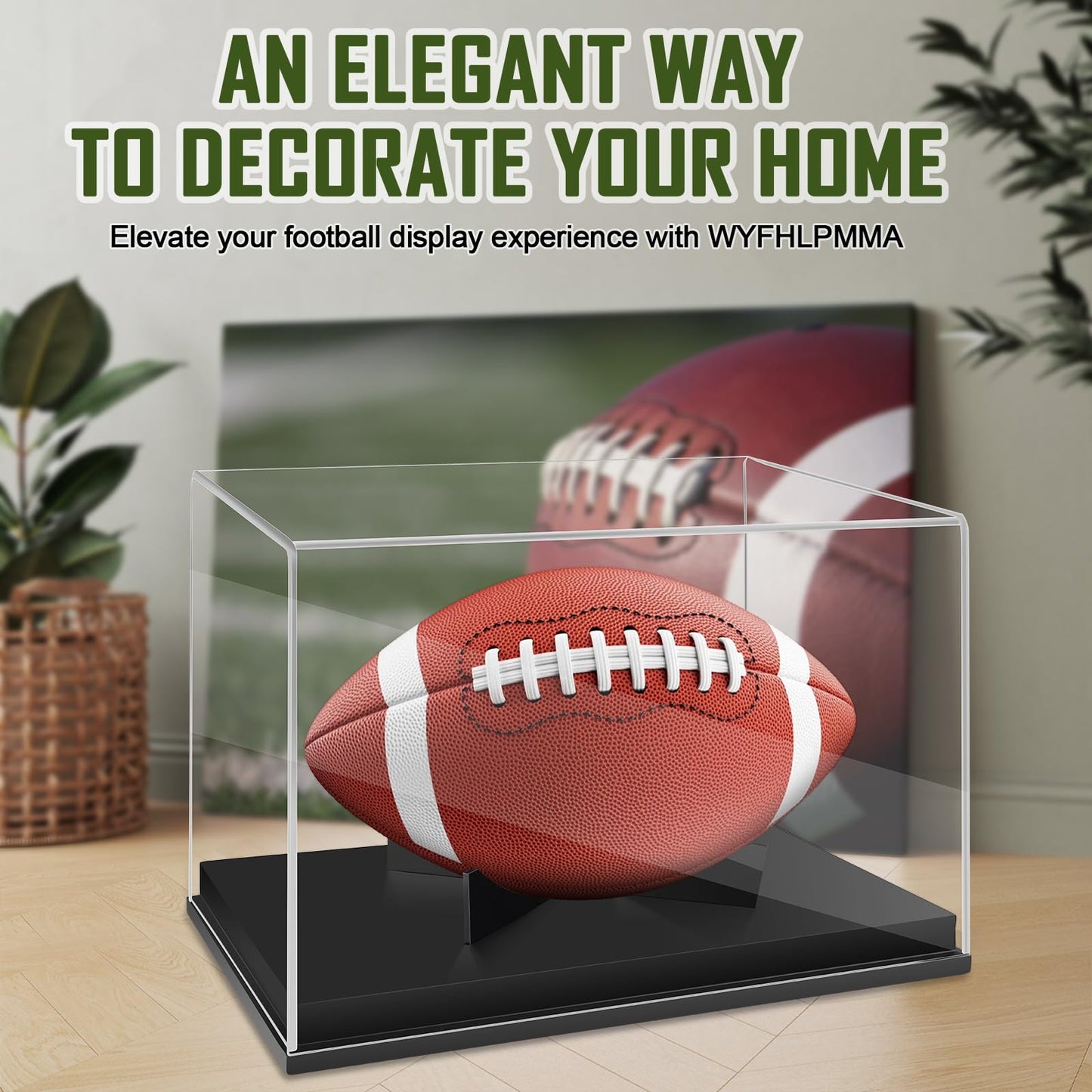 Football Display Case Full Size，Memorabilia Display Box Cases for Football or Memorial Sports Gloves，Acrylic Clear Box with Wood Stand Solid Base