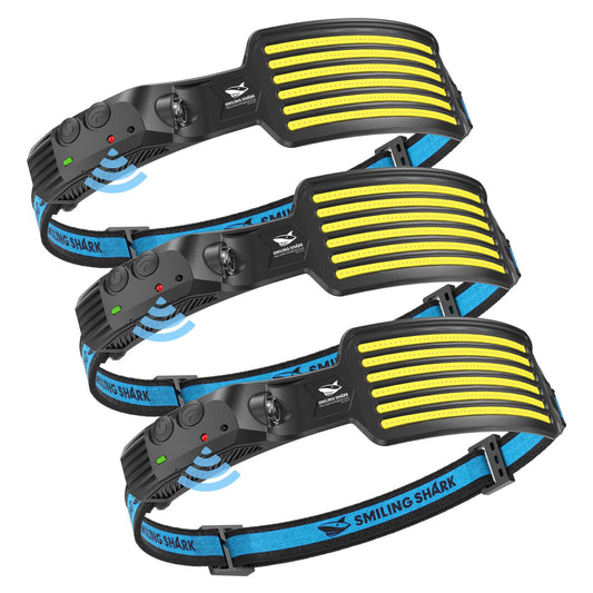 Smiling Shark Rechargeable Headlamp, 3 Pack Wide Angle 6*White Light The Brightest LED Head Lamp with Motion Sensor Waterproof Headlight for Camping Hiking Outdoor, Head-Light-LED-Lamp-Rechargeable