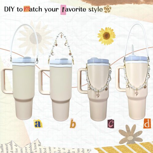 Stanley Accessories Set - Pearl Cup Strap, Silicone Water Bottle Handle, Bling Cup Charm Fits Most 8-40 oz Bottles, 1 Pcs Silicone Boot, 2 Pcs Straw Topper Cover Cap