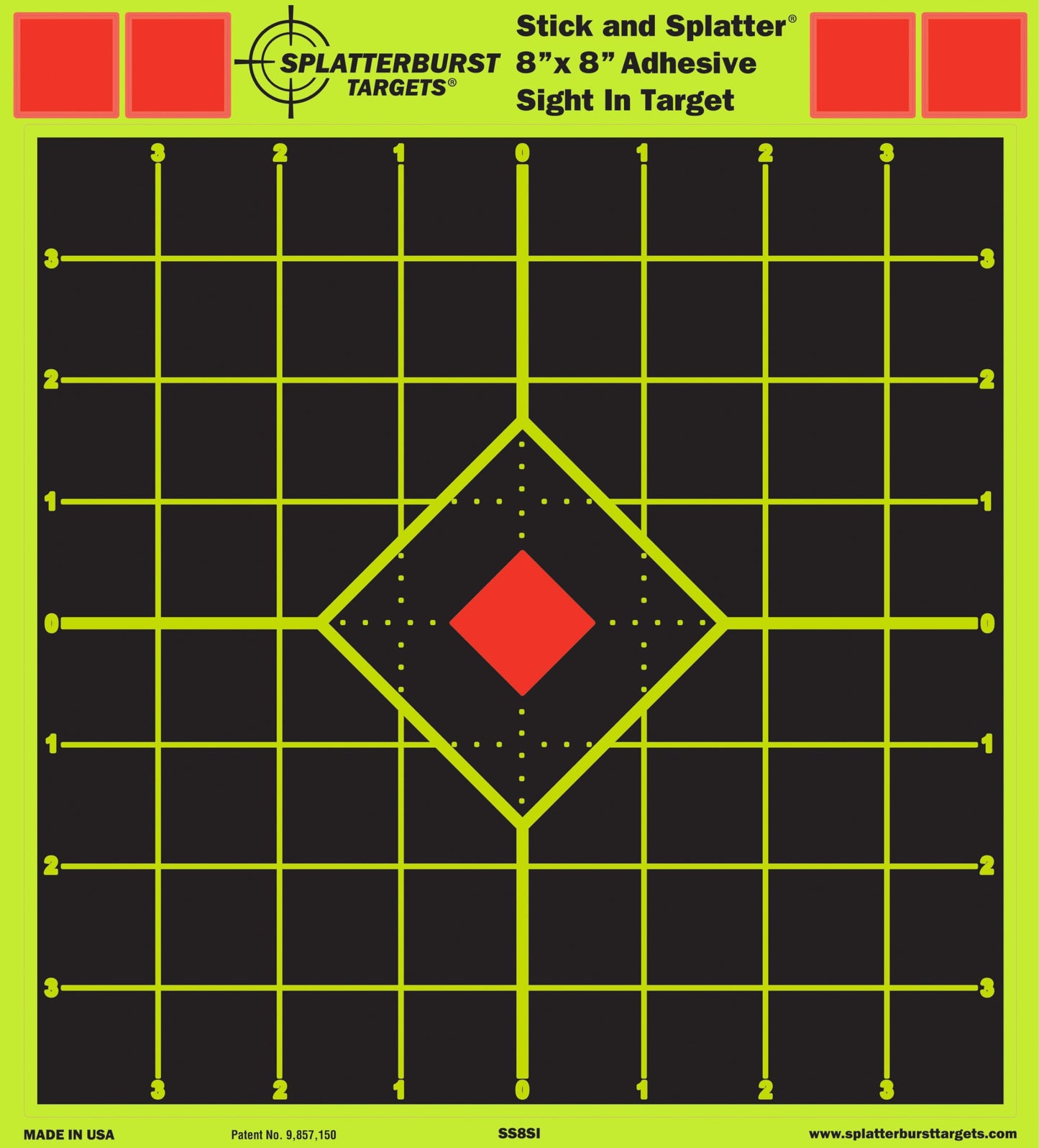 Splatterburst Targets - 8 x 8 inch Sight in Stick & Splatter Adhesive Shooting Targets - Shots Burst Bright Fluorescent Yellow - Great for All Firearms, Airsoft & Pellet Guns - Made in USA (25)