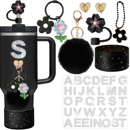 SDIDVIEXPERT Accessories for Stanley Cup,Rhinestone Letter Stickers Silicone Flower Straw Cover Cup Boot Cute Colorful Flowers Charms Pompom Ball Keychain for Stanley 40oz and 30oz Tumbler(Black)