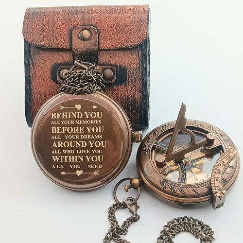 BEHINDE You Engraved Sundial Compass with Leather Case. Personalized Brass Pocket Compass Gifts for Men, Him, Son