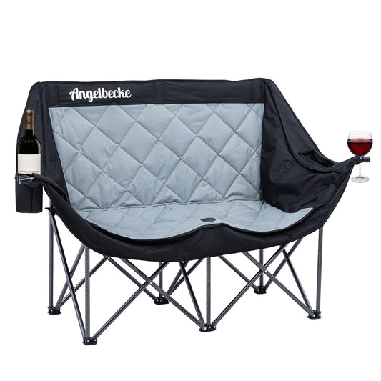 ANGELBECKE Double Camping Chair Oversized Padded Camping Sofa for 2 Person Heavy Duty Outdoor Folding Couch Portable Lawn Chair with Dual Cup Holders & Wine Glass Holders Weight Bearing 660LBS