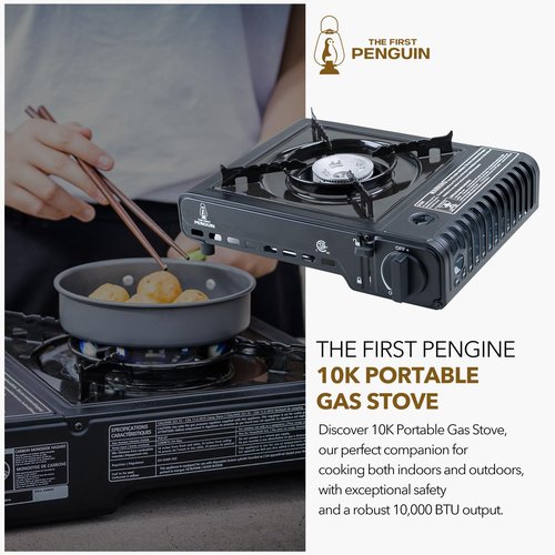 The First Penguin Portable Camping Stove - with Carrying Case 10,000 BTU Great for Emergency Preparedness Kit, High Power Butane Stove, Perfect for Camping, Hiking and Emergency-Black