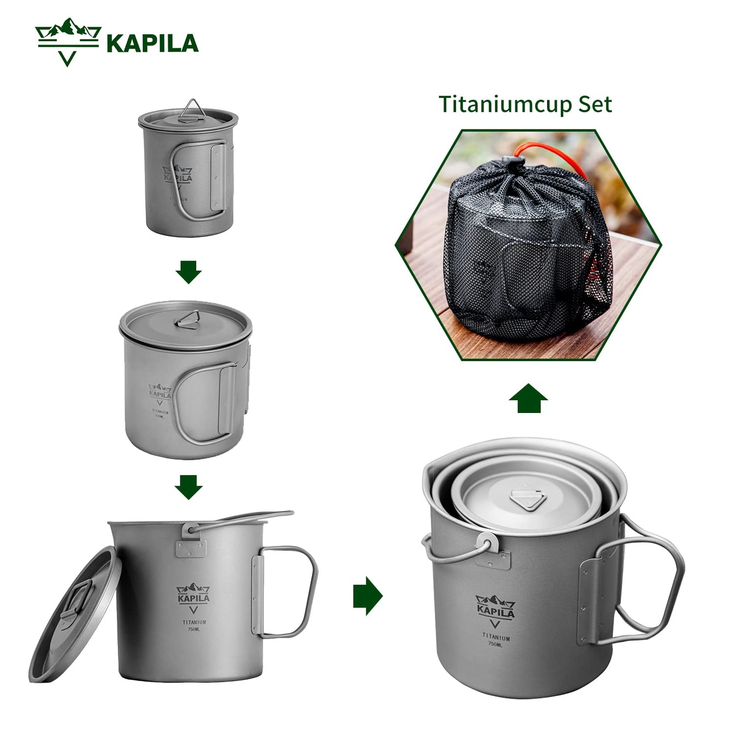 KAPILA 300ml -750ml Titanium Cup/Pot Lightweight Backpacking Camping Mug Foldable Handle Titanium Pot with Lid Camping Hiking Picnic Open Fire Cooking (300ML)