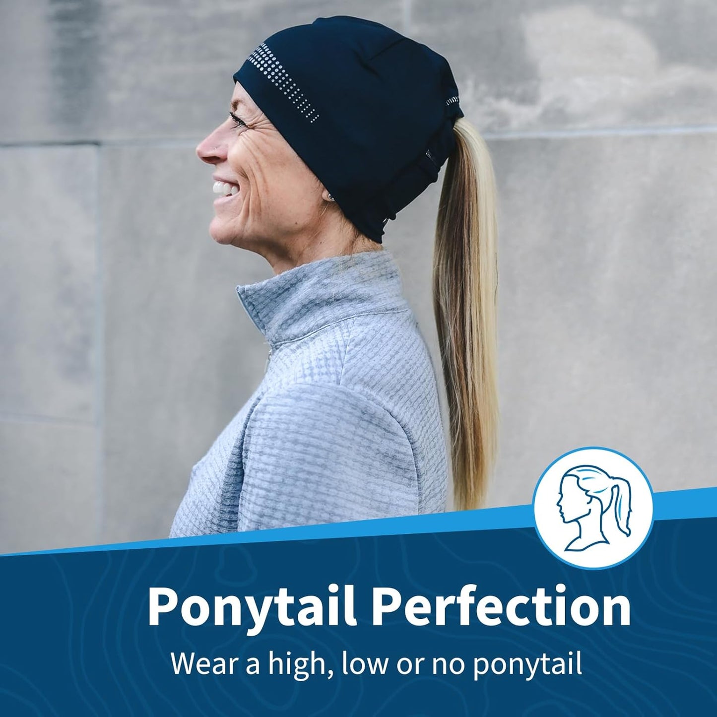 TrailHeads Ponytail Hat - Adrenaline Series | Women’s Running Beanie with Reflective Accents | Black Skull Cap