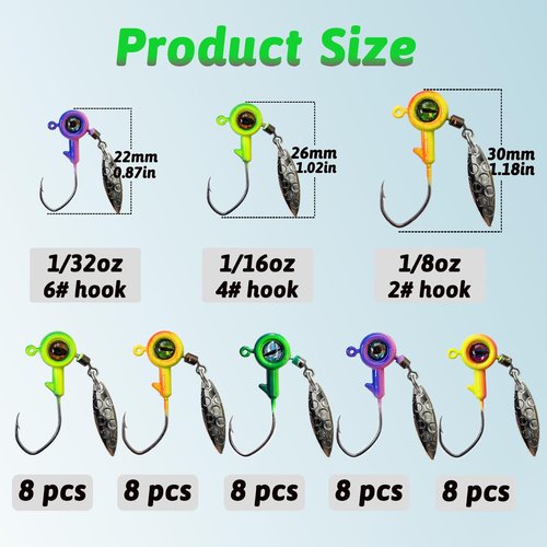 Bombite Crappie Jigs with Spinner 1/8 oz Underspin Fishing Jig Heads for Panfish Bass - 40pcs