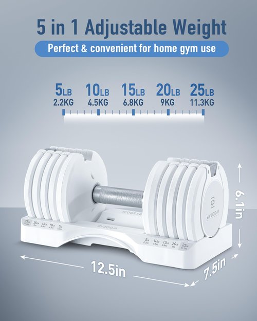 BYZOOM FITNESS Adjustable Dumbbell – 12.5/25lb Single Unit OR Set of 2 – 5-in-1 Adjustable Weight for Home Gym, Strength Training & Fitness Workouts, White OR Black