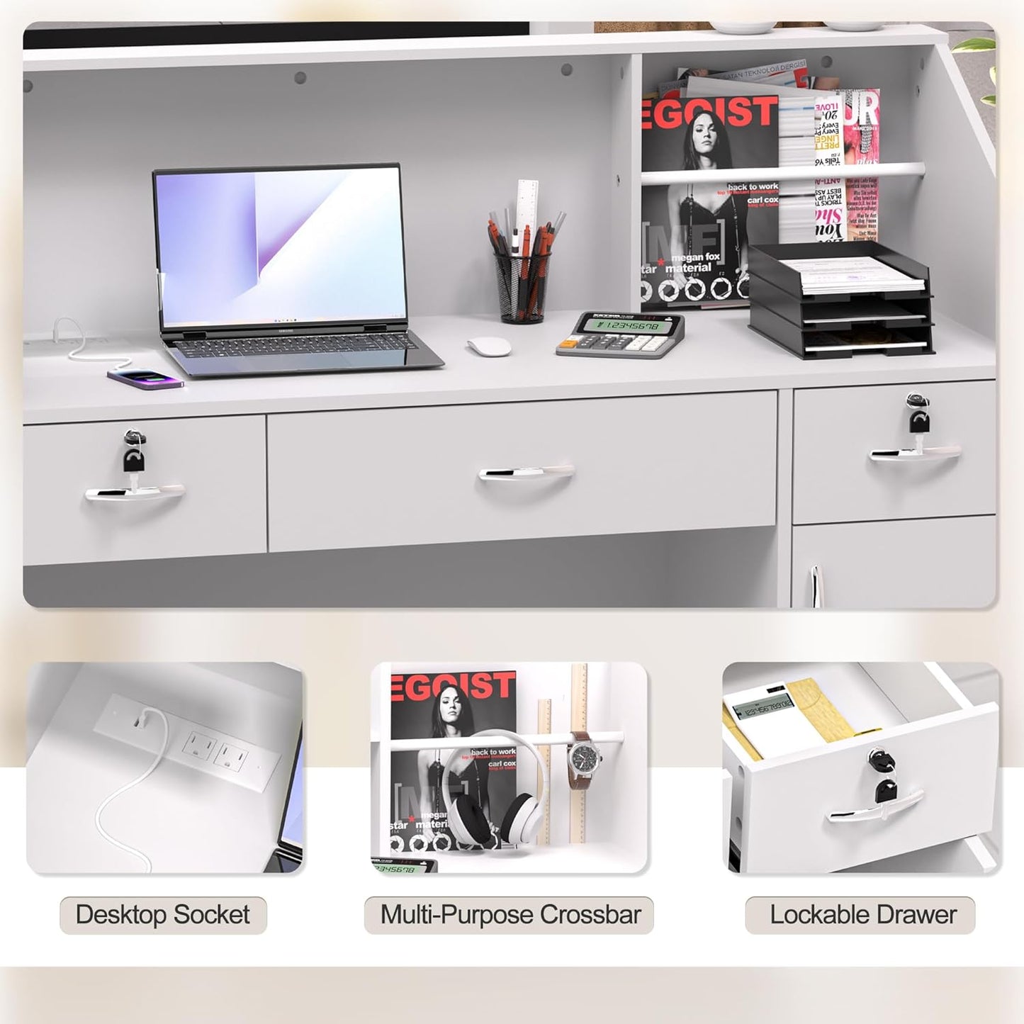 AHB Reception Desk with Counter, Modern Front Table Equipped Lockers & Storage Shelves, 50-inch Checkout Counter with LED Lights & DIY Stripe for Lobbies, Salons, Retail, Home Offices, Reception Room