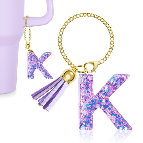 MOYOHIM Letter Charm for Stanley Cup, Cute Initial Keychain Charm for Handle, Purple Handle Accessories for Stanley Tumbler for Girls Women (Letter K)