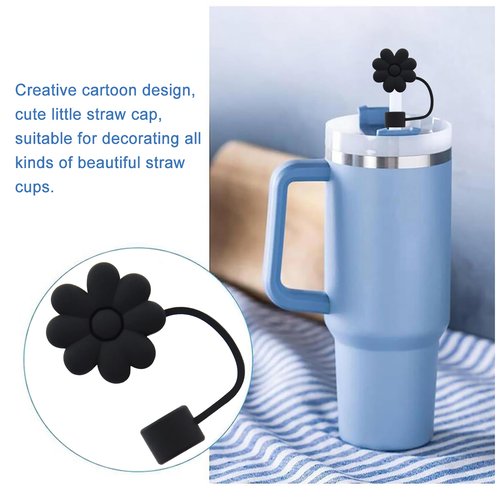 Meitesti Flower Straw Cover Cap for Stanley Cup Silicone Straw Topper Compatible with 30&40 Oz Tumbler, 4pcs Black Flower