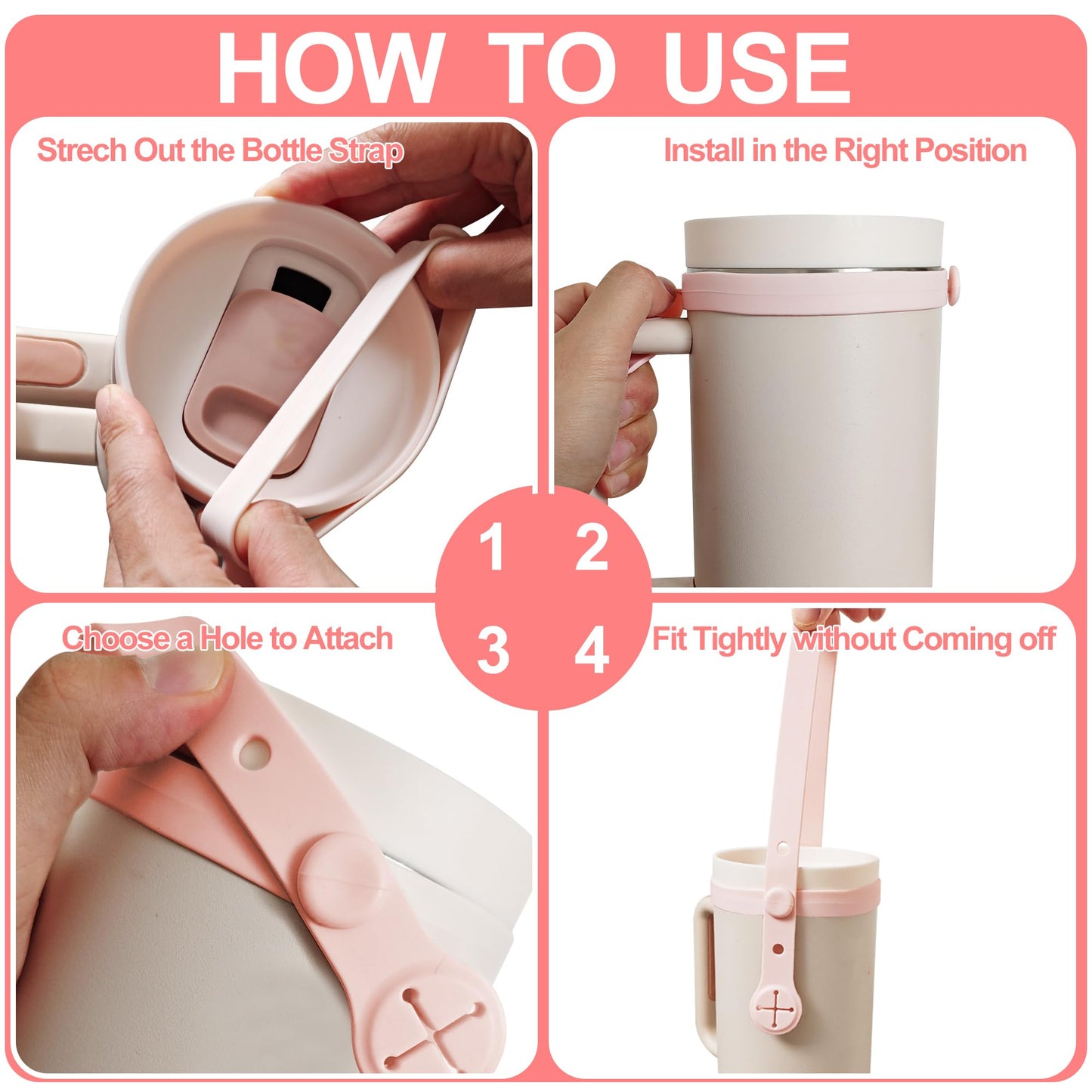 3Pack Water Bottle Handle - Silicone Water Bottle Sling, Carrier, Holder with Strap for Stanley 16-40oz Cup, for Owala FreeSip 24-40oz, Easy to Carry Around for Tumbler Without Handle (Pink)