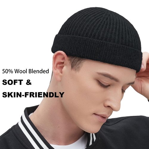 choshion Fisherman Beanie Hats for Men Women,Wool Knit Trawler Skull Cap,Watch Cap,Spring Fall Winter Warm Short Hats Black