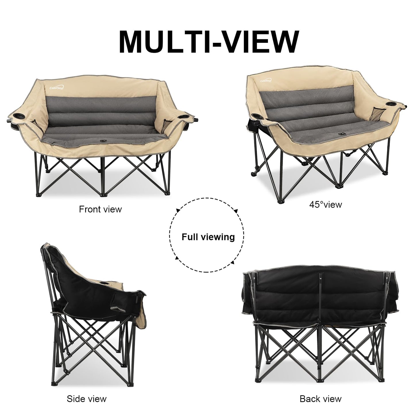 2 Person Fully Padded Camping Chair Oversized Loveseat Camping Chair Double Camping Chairs for Adults Heavy Duty Outdoor Camping Couch, Padded Seats & Armrests, 600Lbs, Beige