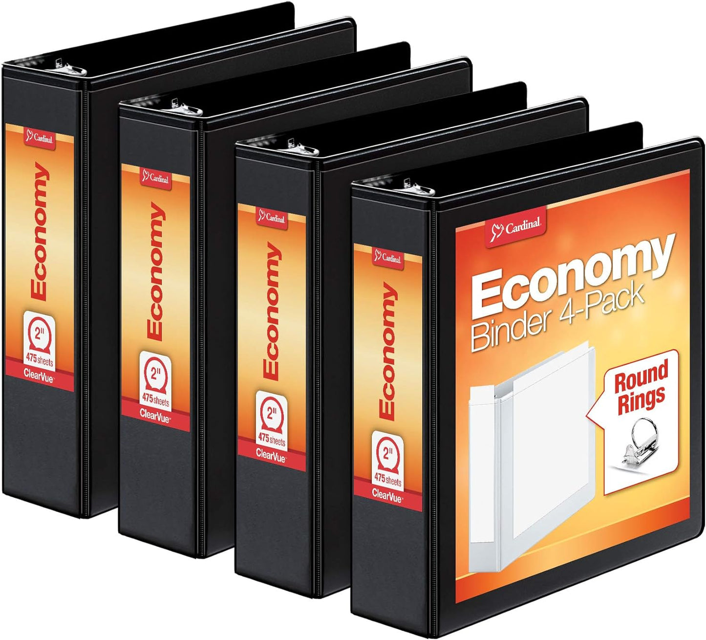 Cardinal Economy 3 Ring Binder, 1 Inch, Presentation View, Black, Holds 225 Sheets, Nonstick, PVC Free, 4 Pack of Binders (79512)