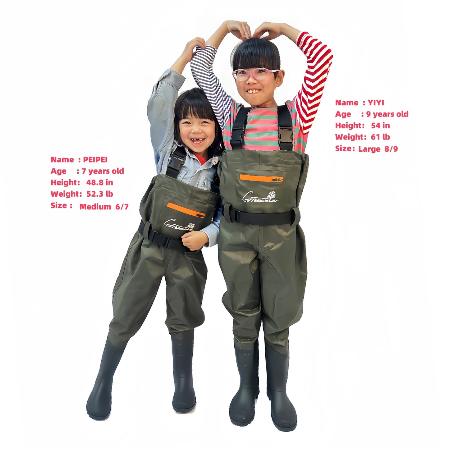 GREENWATER Kids Chest Waders Youth Fishing Waders with Boots Waterproof for Children Boys Girls Hanger & Bag Included (Green, 8-9Y)