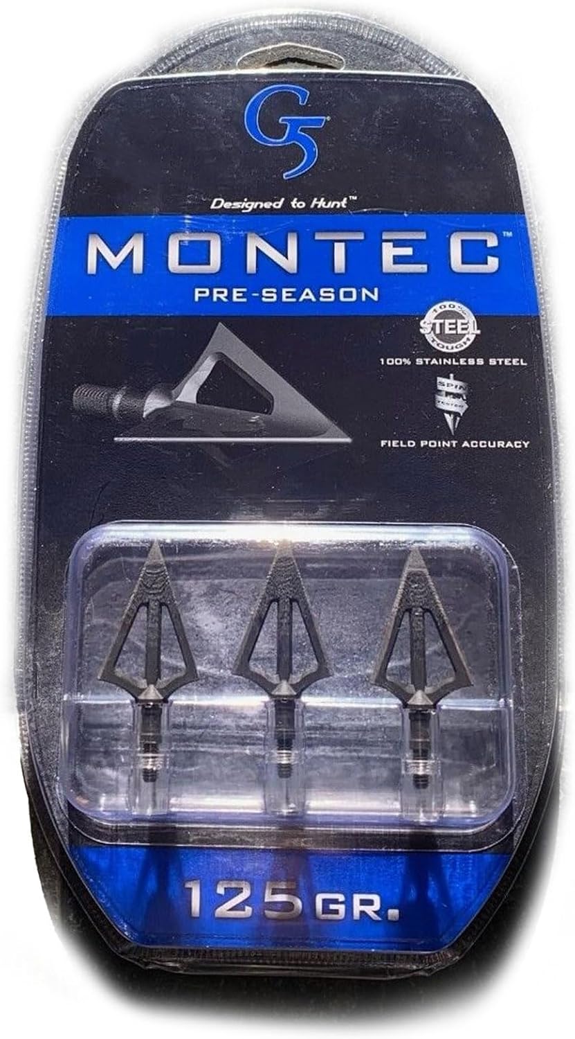 G5 Montec Pre-Season Archery Hunting Durable Fixed Blades Steel 1-Piece Construction Screw-in Broadheads with Rounded Edges for Bow Arrows - Pack of 3