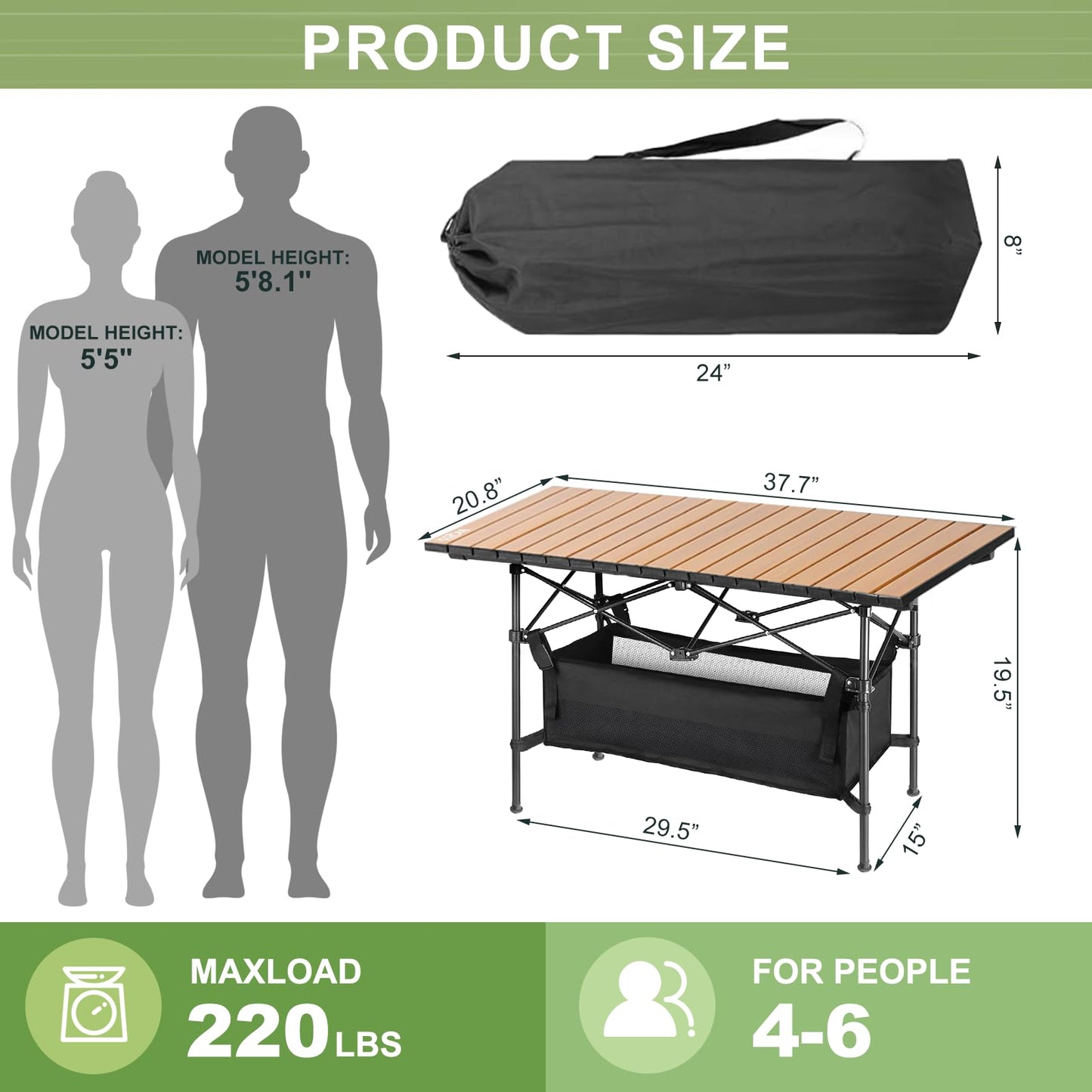 Folding Camping Tables That Fold Up Lightweight,Aluminum Roll Up Camping Table for 4-6 Person Camp Table with Large Storage and Carrying Bag for Outdoor, Picnic, Backyards, BBQ, Beach, 220 Lbs, Oak