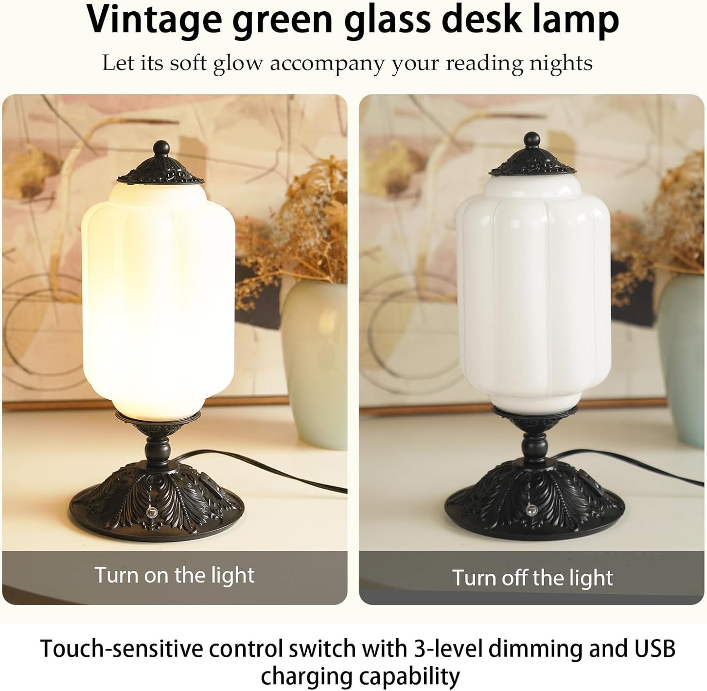 Milk Glass Touch Table Lamp, Elegant Green Jadeite Glass Bedside Desk Lamp 3 Way Dimmable with USB C+A Charging Ports - Bedroom Nightstand & Living Room Essential, 4W Bulb Included (Green, 6.5)