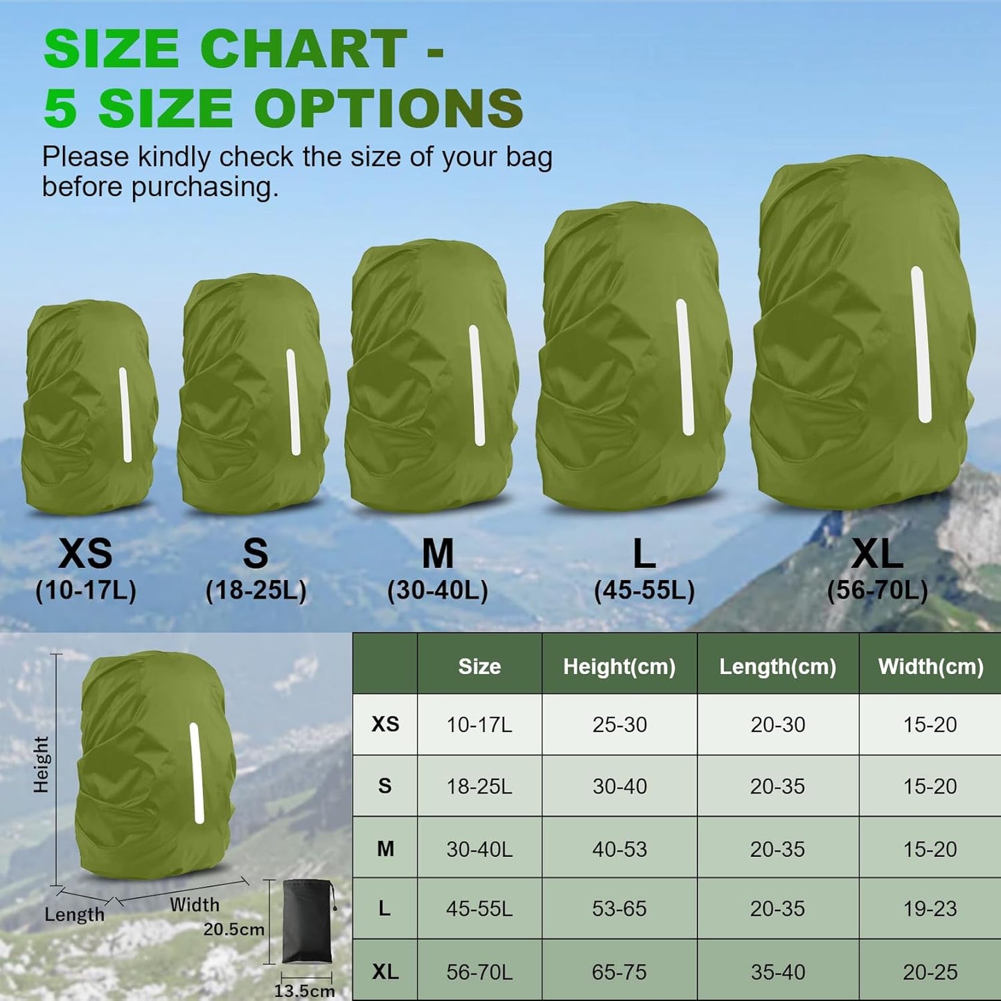 LAMA 2pcs Waterproof Rain Cover for Backpack, Reflective Rainproof Protector for Anti-dust and Anti-Theft M 30L-40L Black
