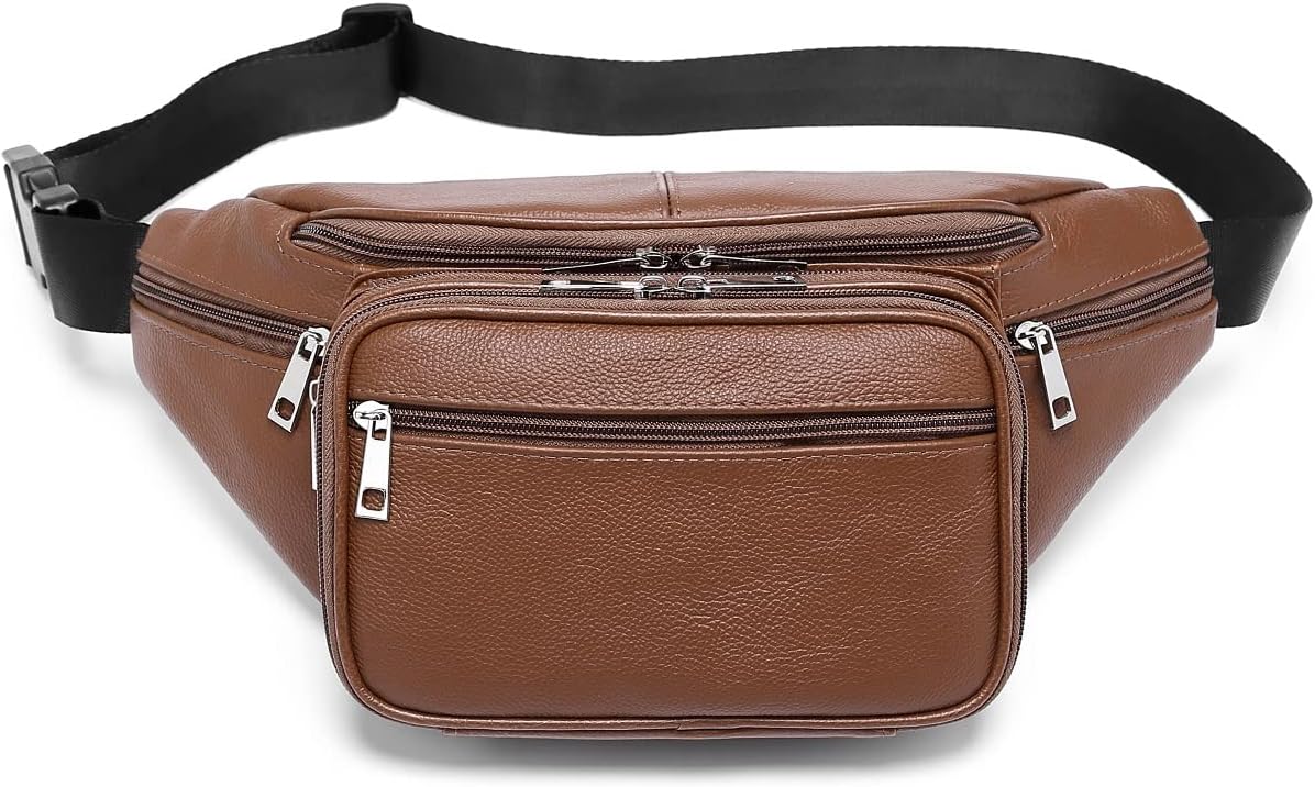 Genuine Leather Large 7 Pocket Waist Pack with Organizer, Card Slots -Brown