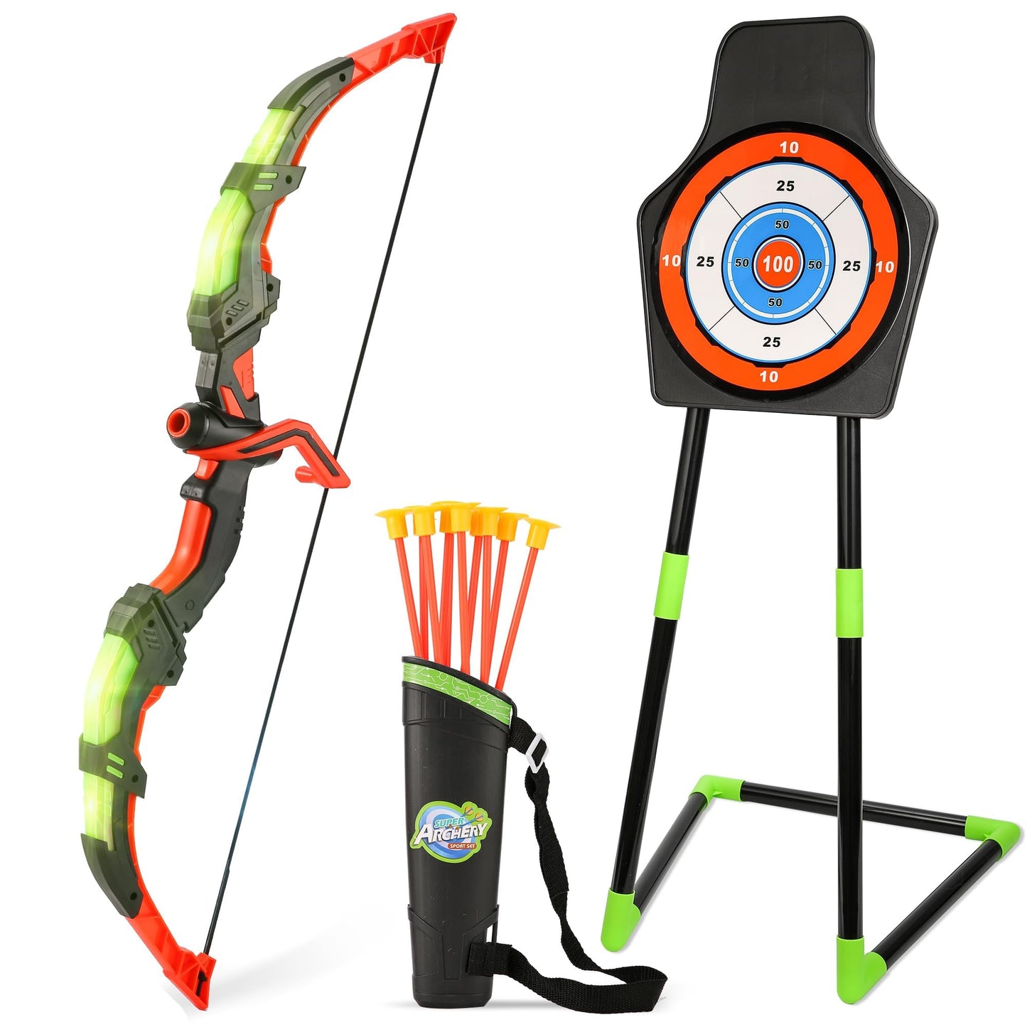 Archery Toy Set for Kids, LED Light Up Bow and Arrow Set with 10 Suction Cup Arrows, Standing Target & Quiver, Indoor Outdoor Games Stuff for Boys Girls Children Aged 3-12 Year Old