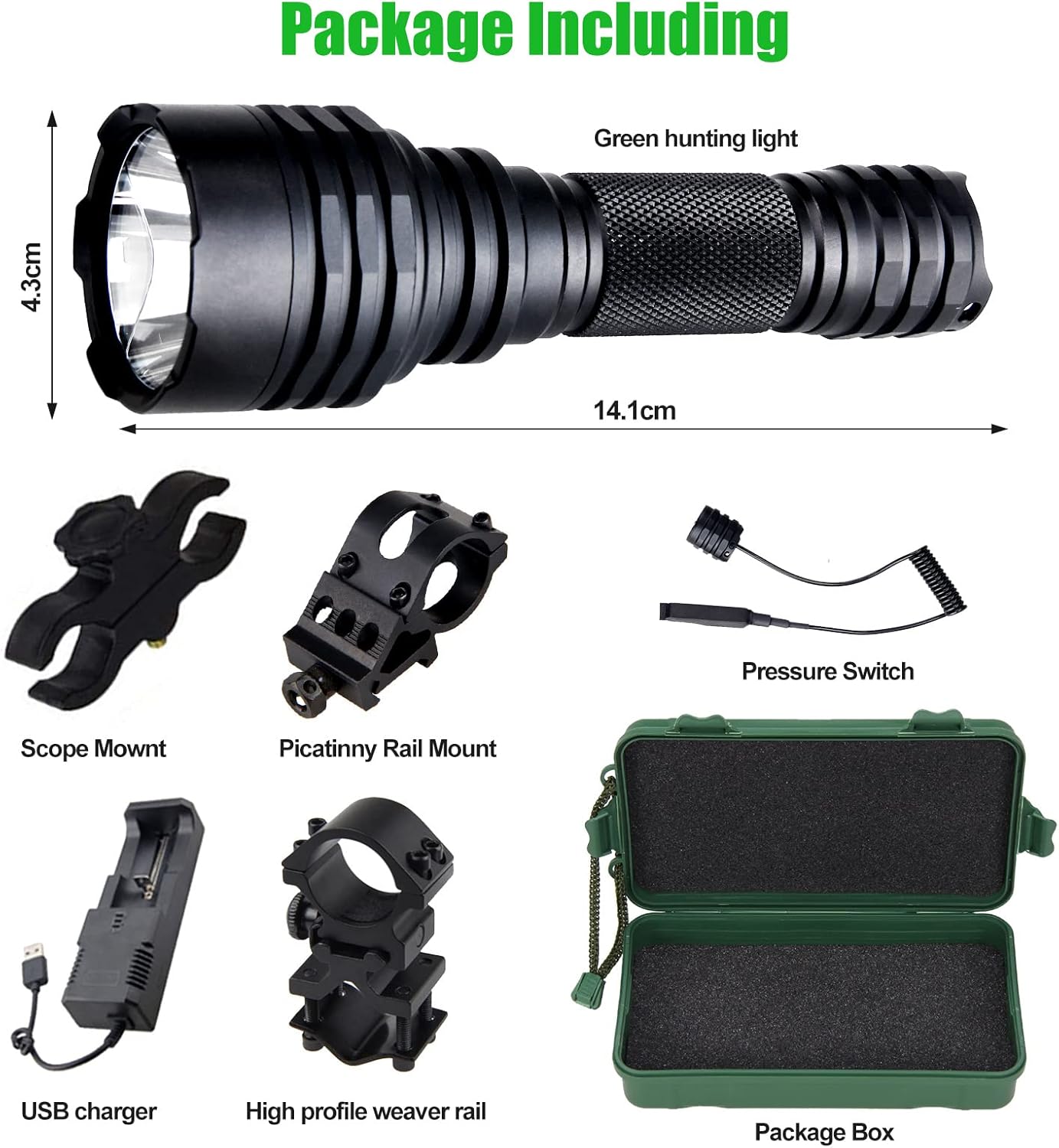 Green Hunting Light Tactical Flashlight 1200 Lumen 500 Yards LED Rechargeable Night Vision Spotlight with Pressure Switch Picatinny Rail Mount, Waterproof Predator Flashlights Kit for Hog Fox