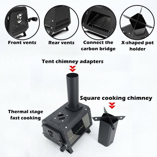 Wood Burning Stove with Fire Window,Portable Tent Stove with 7 Sectional Chimney Pipes,Sturdy Camping Wood Stove with X-shaped Pot Holder for Outdoor Backpacking,Cooking,Hiking and Heating