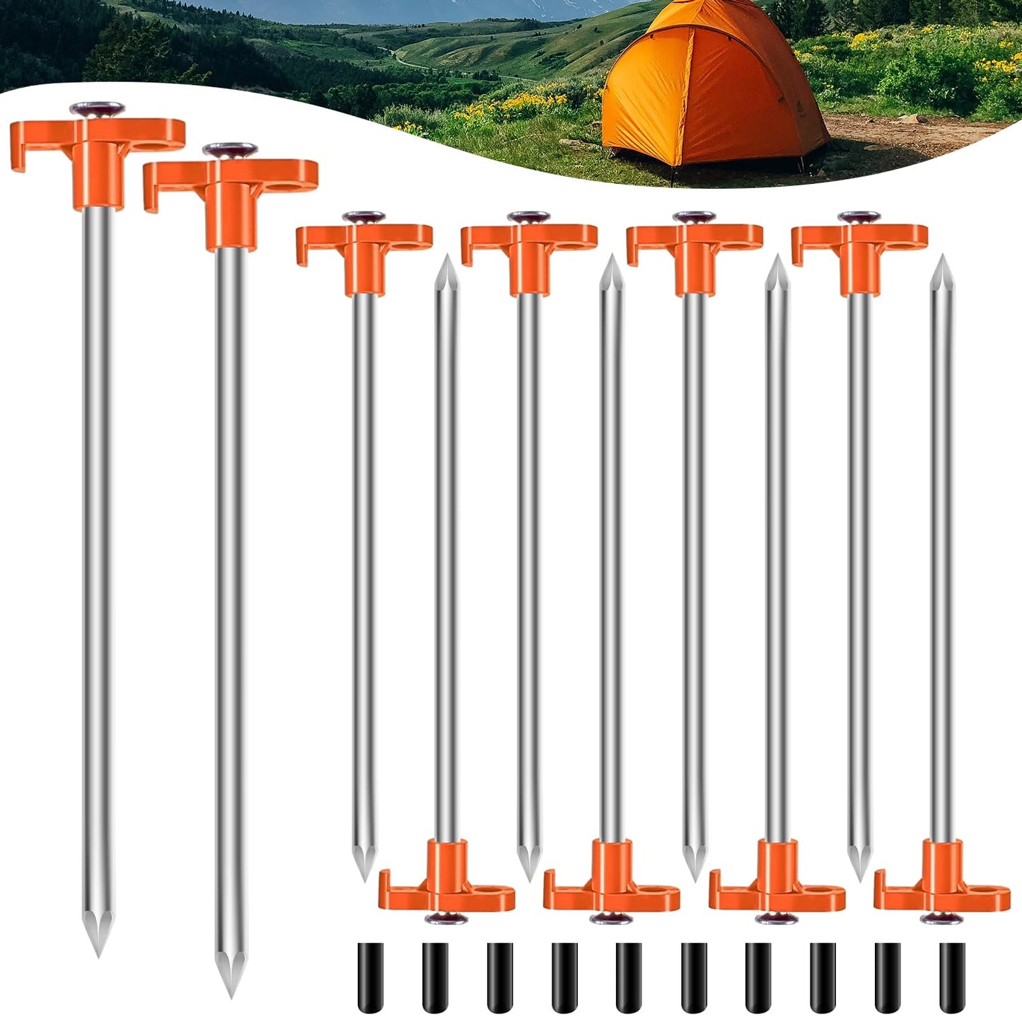 TEOYNGU 10PCS Tent Stakes Heavy Duty Camping Tent Stakes 7Inch Non-Rust Metal Tent Pegs with 10pcs Rubber Protective Sleeve (Orange)