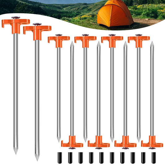 TEOYNGU 10PCS Tent Stakes Heavy Duty Camping Tent Stakes 7Inch Non-Rust Metal Tent Pegs with 10pcs Rubber Protective Sleeve (Orange)