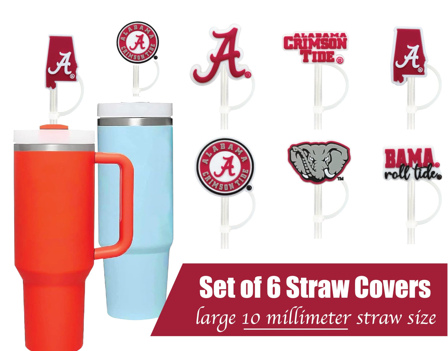 6 Alabama Crimson Tide Straw Covers (10 millimeter) Alabama Crimson Tide Gift for Men and Women Football Fans Fits Large Stanley Simple Modern 40oz Water Bottles (10 mm straw) (Alabama Crimson Tide)