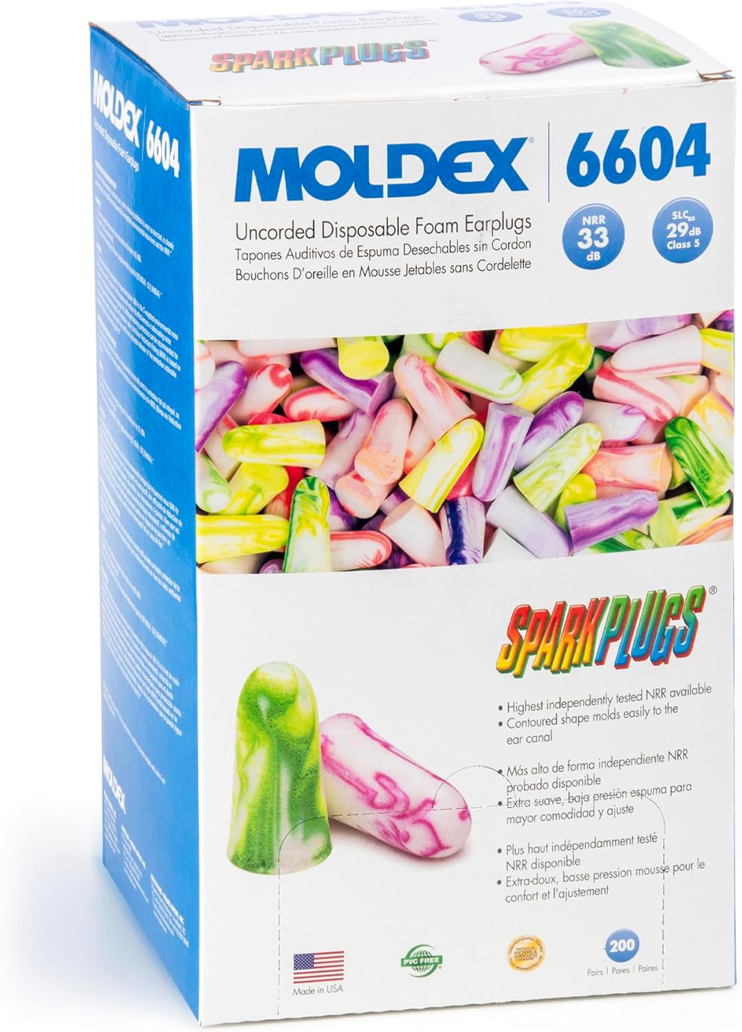 Moldex SparkPlugs® Corded Soft Foam Earplugs – Comfortable Disposable Ear Plugs for Hearing Protection, Noise Reduction, NRR 33dB, Individually Wrapped, 100 Pairs, 6654