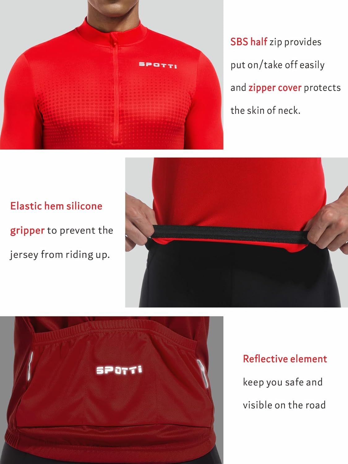 Spotti Men's Cycling Bike Jersey Long Sleeve with 3 Rear Pockets - Moisture Wicking, Breathable, Quick Dry Biking Shirt