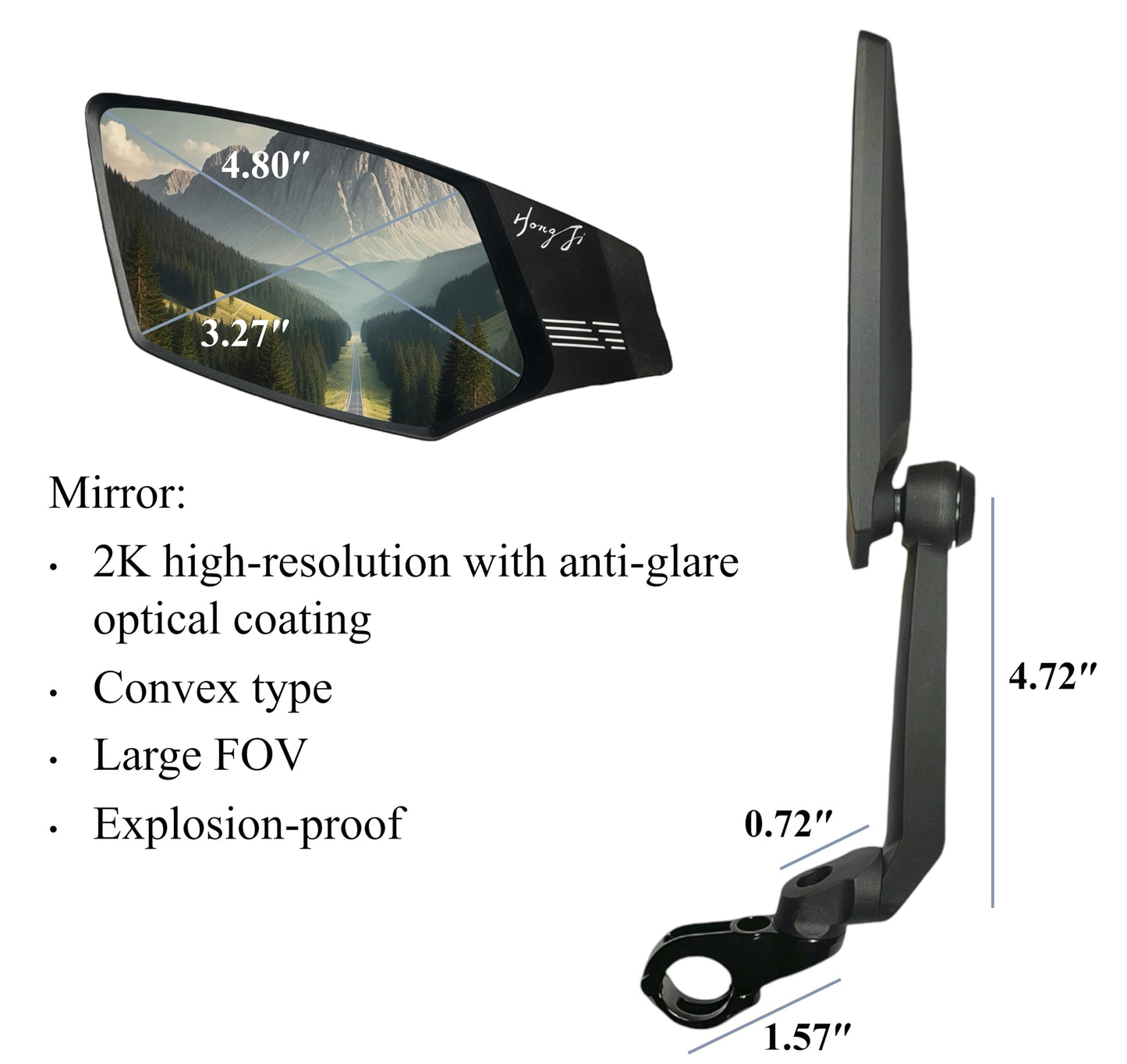 Hong Ji Bike Handlebar-mounted Mirror, New type, Large FOV 2K HD High-Resolution, Anti-Glare, Shatter-Proof, Nylon Fiber Frame, Highly Adjustable, 22.2mm Handlebar Diameter fit(Left_Silver, EV016)