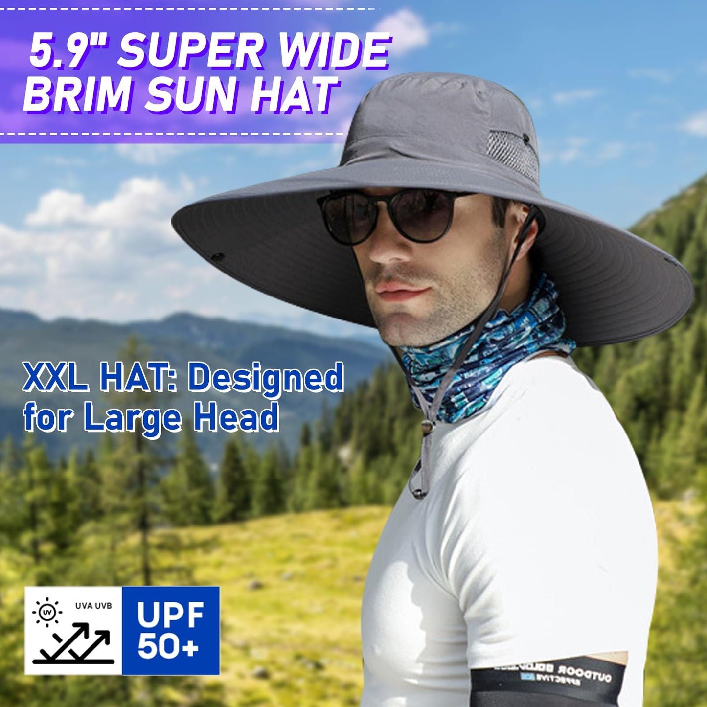 ALANGDUO XXL Big Head & Super Wide Brim Sun Hats for Men, Large Fishing Sun Hat UPF50+Waterproof Boonie Bucket Hat for Safari Gardening,Hiking, Beach Dark Grey