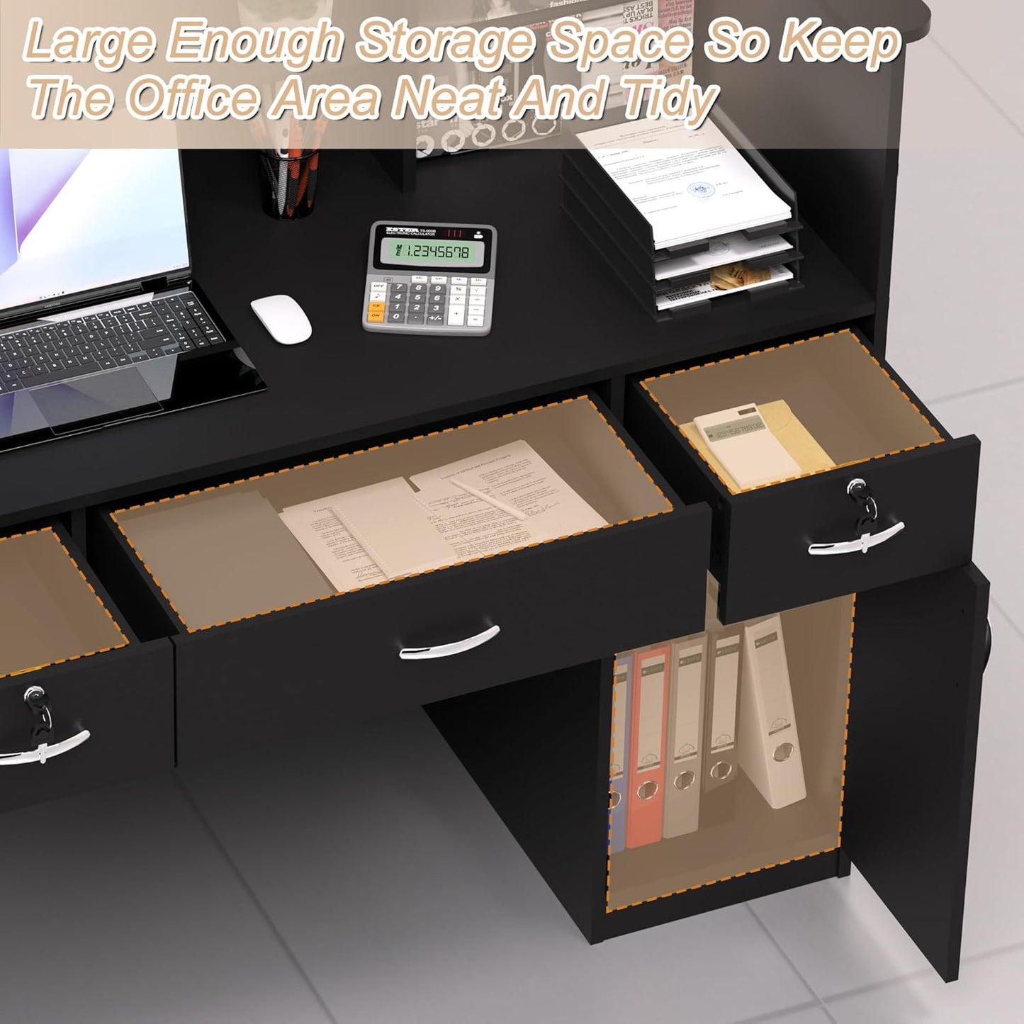 AHB Reception Desk with Counter, Modern Front Table Equipped Lockers & Storage Shelves, 50-inch Checkout Counter with LED Lights & DIY Stripe for Lobbies, Salons, Retail, Home Offices, Reception Room