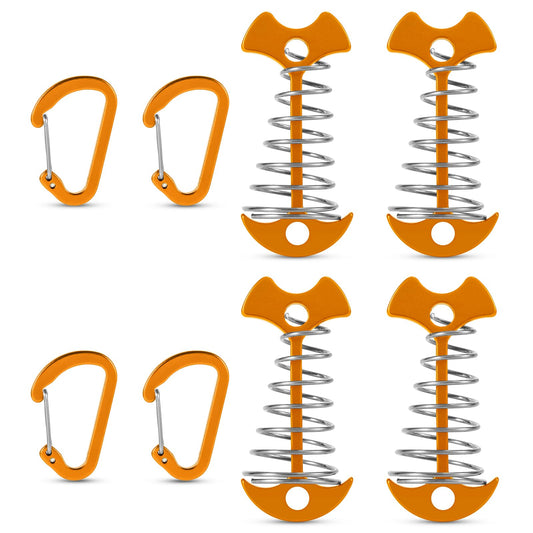 4pcs Fishbone Deck Anchor Pegs, Aluminum Colorful Deck Anchor Pegs with Carabiners Tent Rope Tighteners with Spring Buckle Fishbone Tent Stakes for Outdoor Hiking Camping (Yellow)