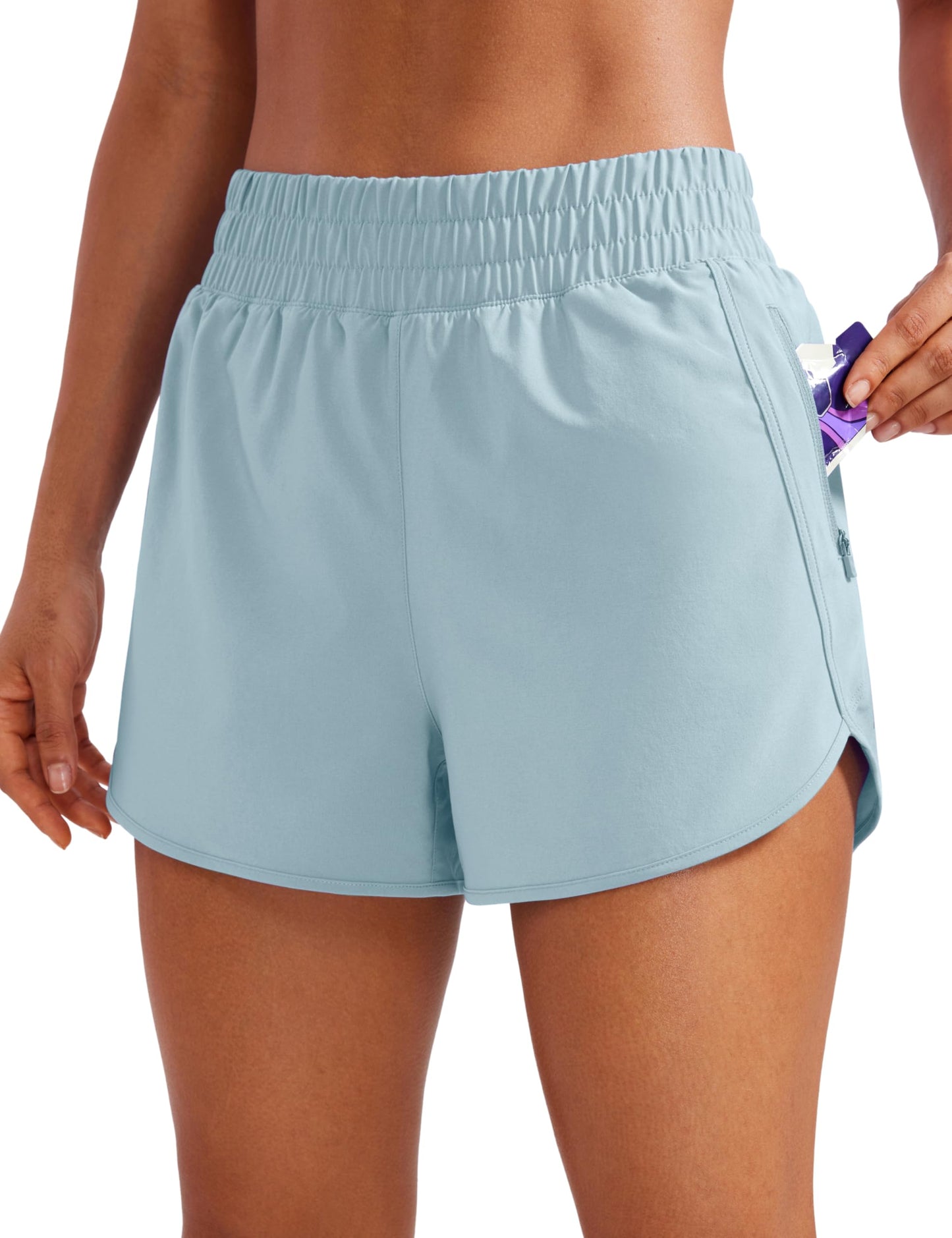 CRZ YOGA Dolphin Athletic Shorts for Women 3" - High Waisted Quick Dry for Running Workout Gym Track with Zip Pocket Light Grayish Blue X-Small